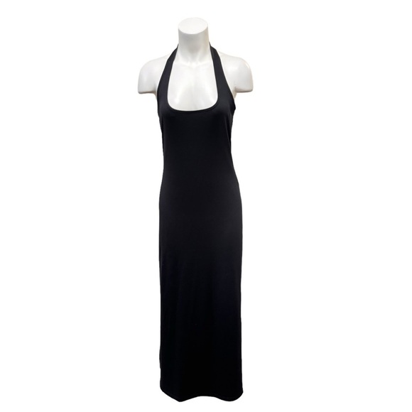 Vintage Esprit Black Halter Maxi Dress Side Slits Size Medium - Picture 1 of 7